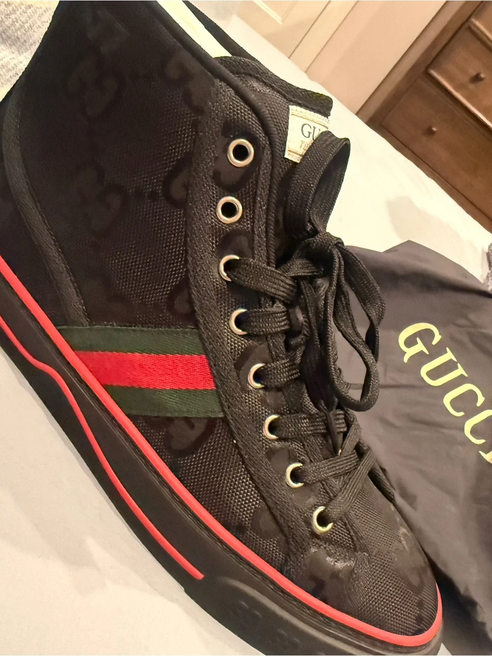 Gucci Black High-Top Sneaker with Red and Green Web Stripe
